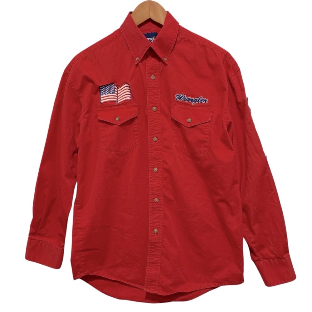 Wrangler USA Button Down Long Sleeve Red Shirt Size Large Western Cowboy